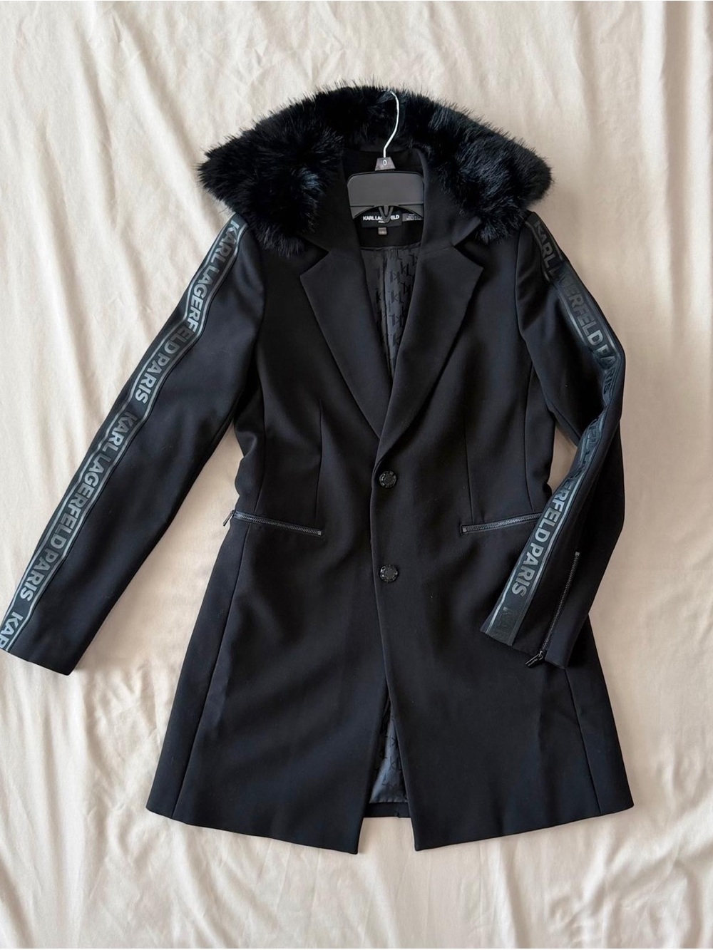 Karl Lagerfeld Black Wool-Blend Coat with Faux Fur Collar